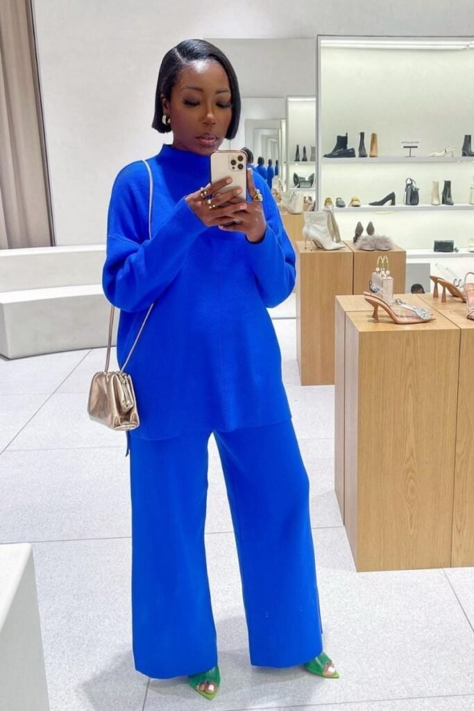 vibrant blue pantsuit with matching top and wide legged pants