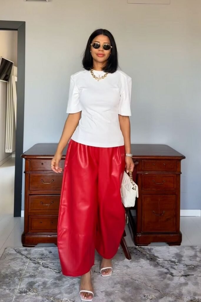 white tee paired with red leather pants