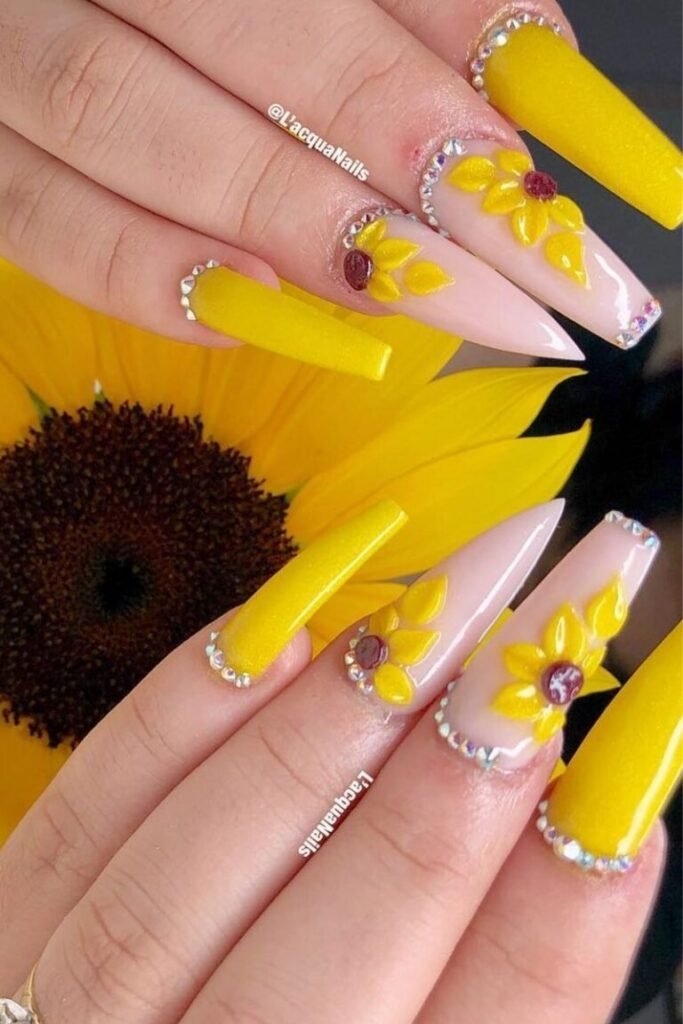 3D Sunflower Accents on Long Coffin Nails