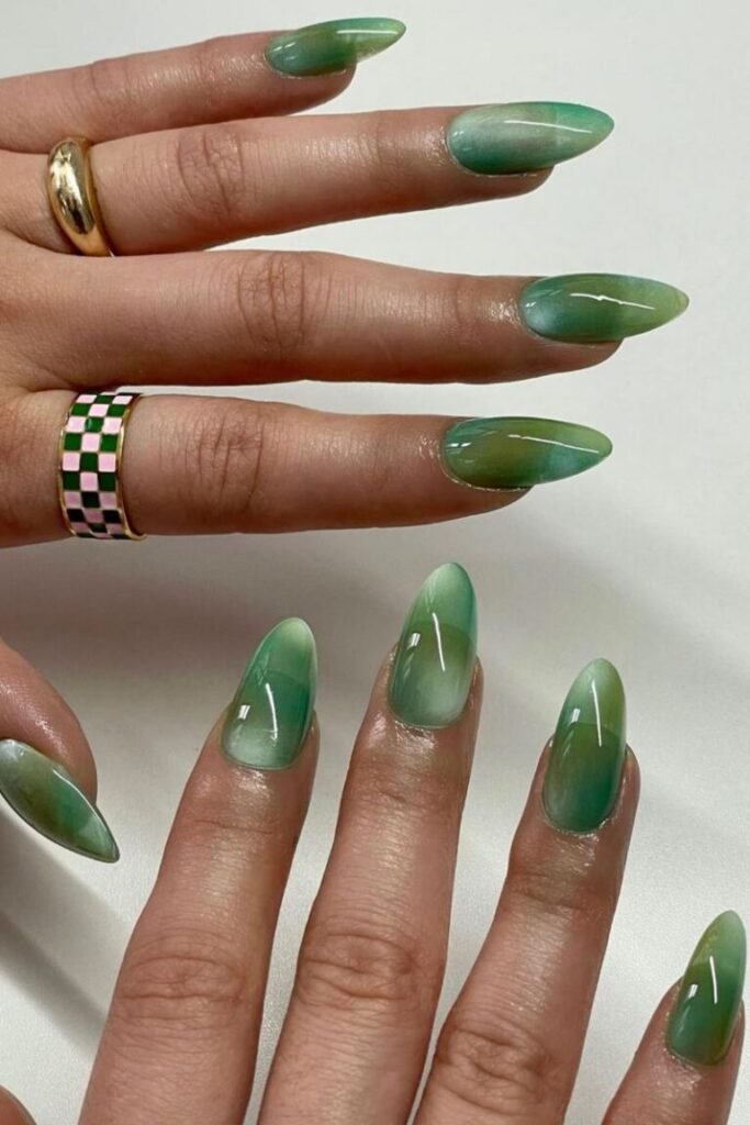 Almond Green Marble Nails