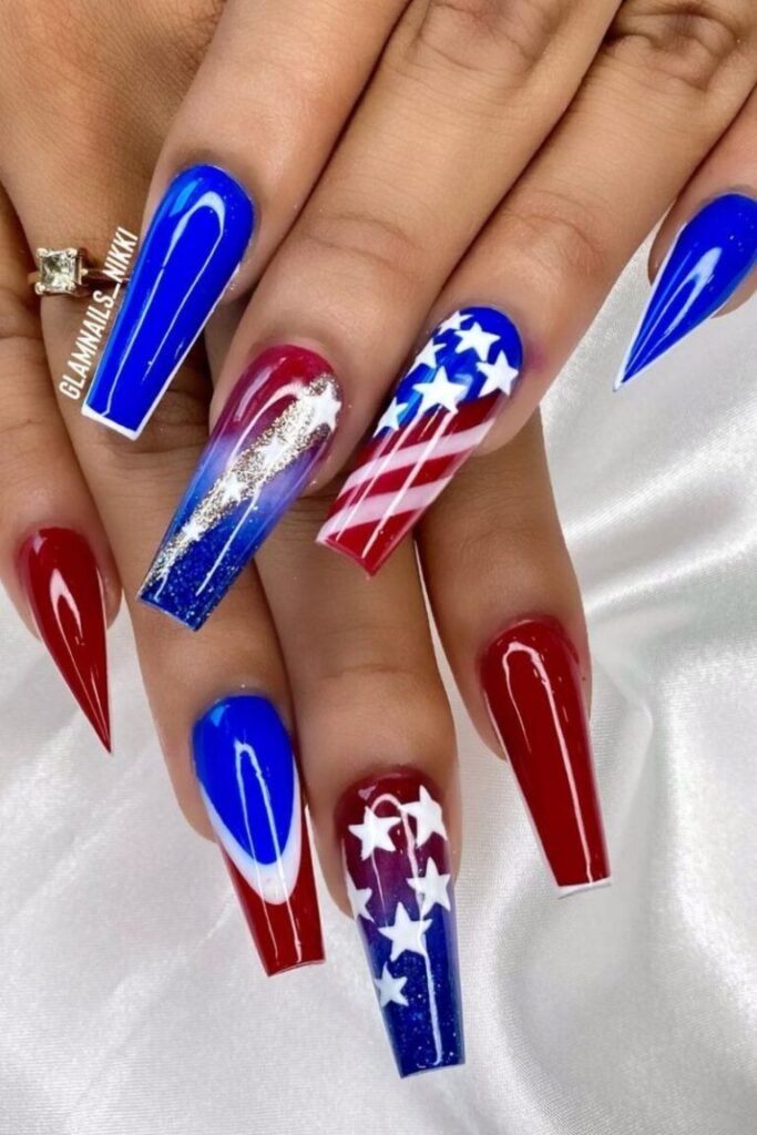 Bold Red White and Blue Ombre Star Nails