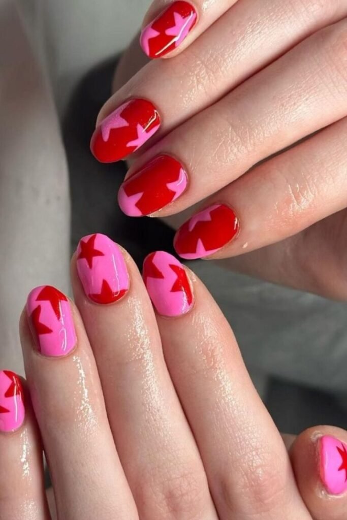 Bold Red and Pink Star Nails