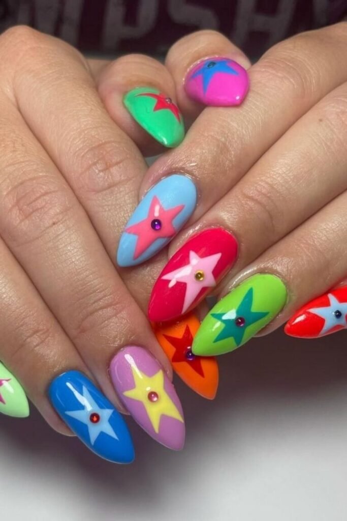 Bold and Bright Neon Star Nails