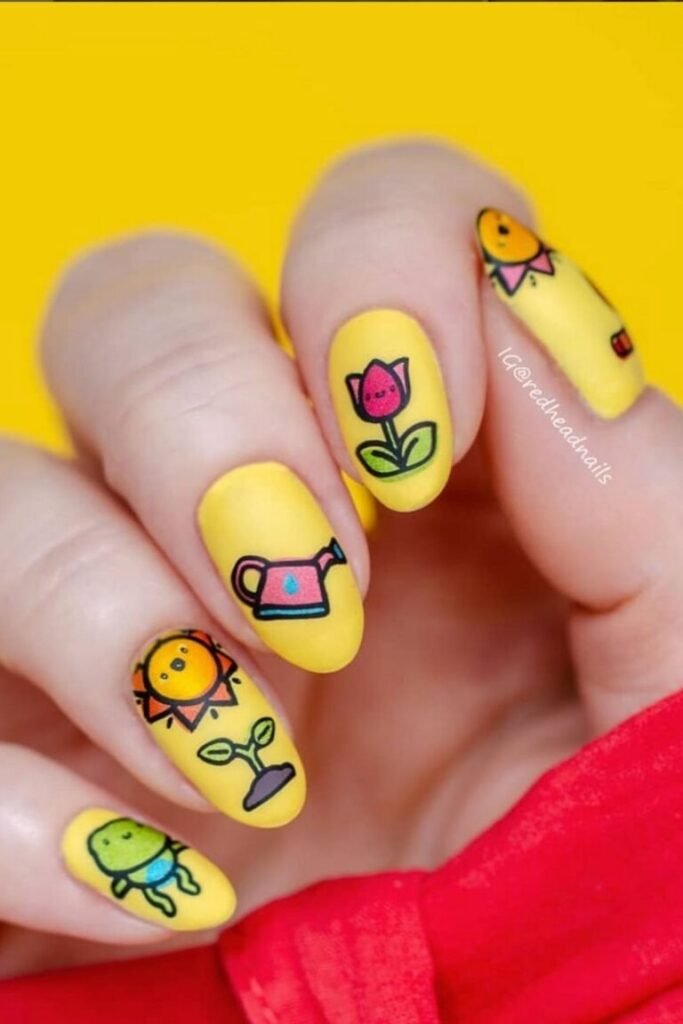 Cute and Quirky Garden Inspired Yellow Nails