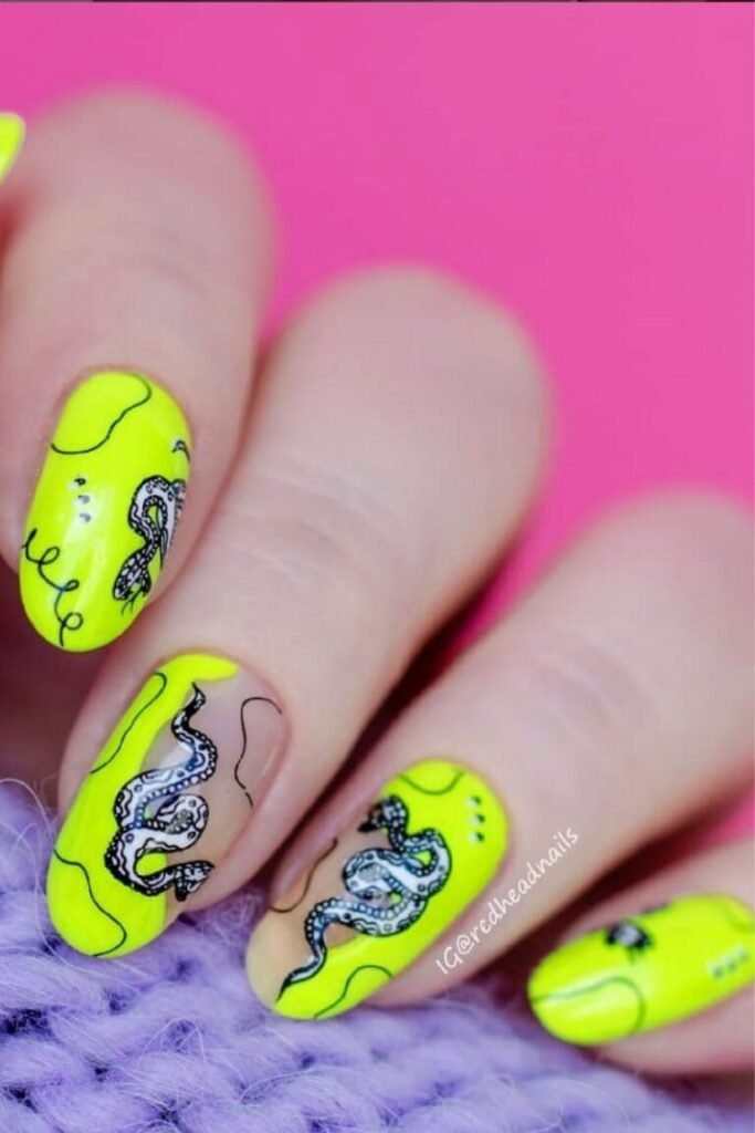 Edgy Snake Design on Neon Yellow Nails