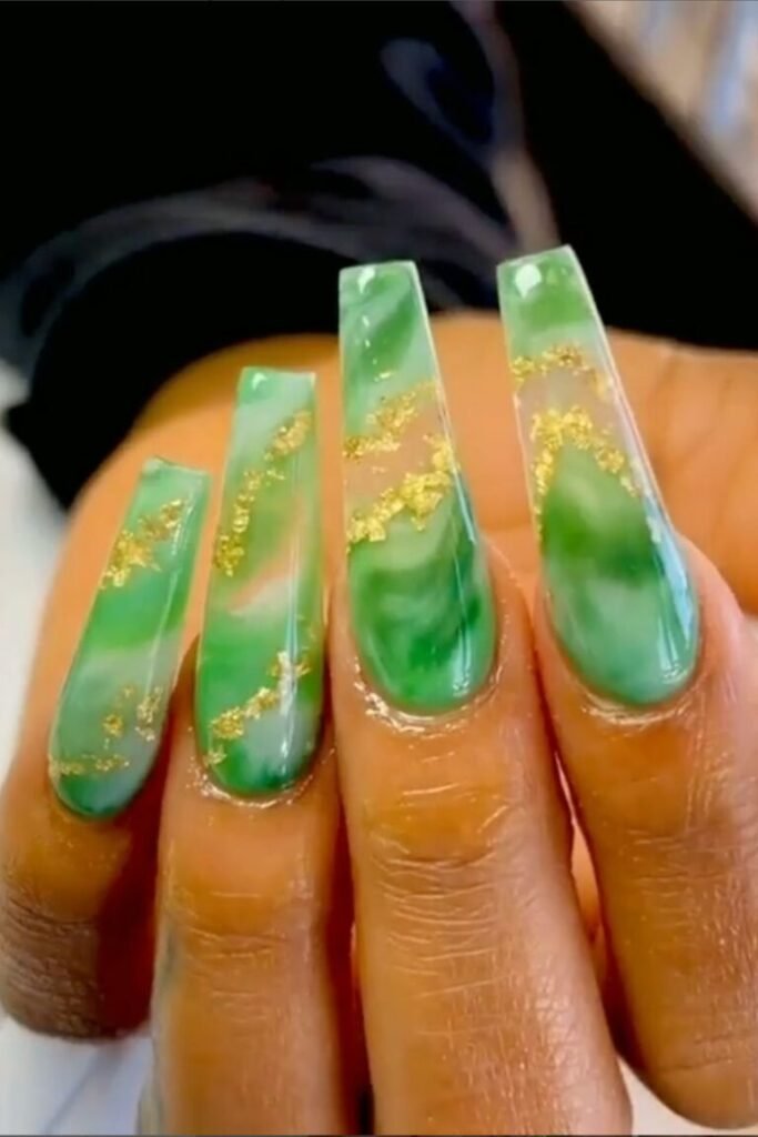 Emerald Marble Nails with Gold Flecks