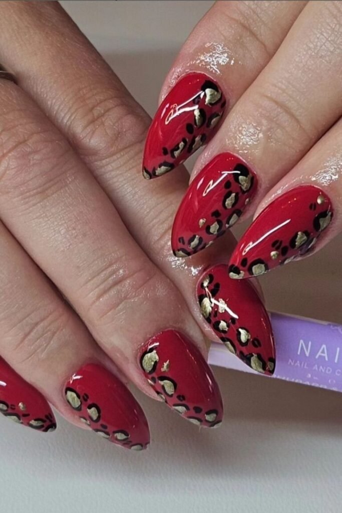 Fierce Leopard Print Red Nails