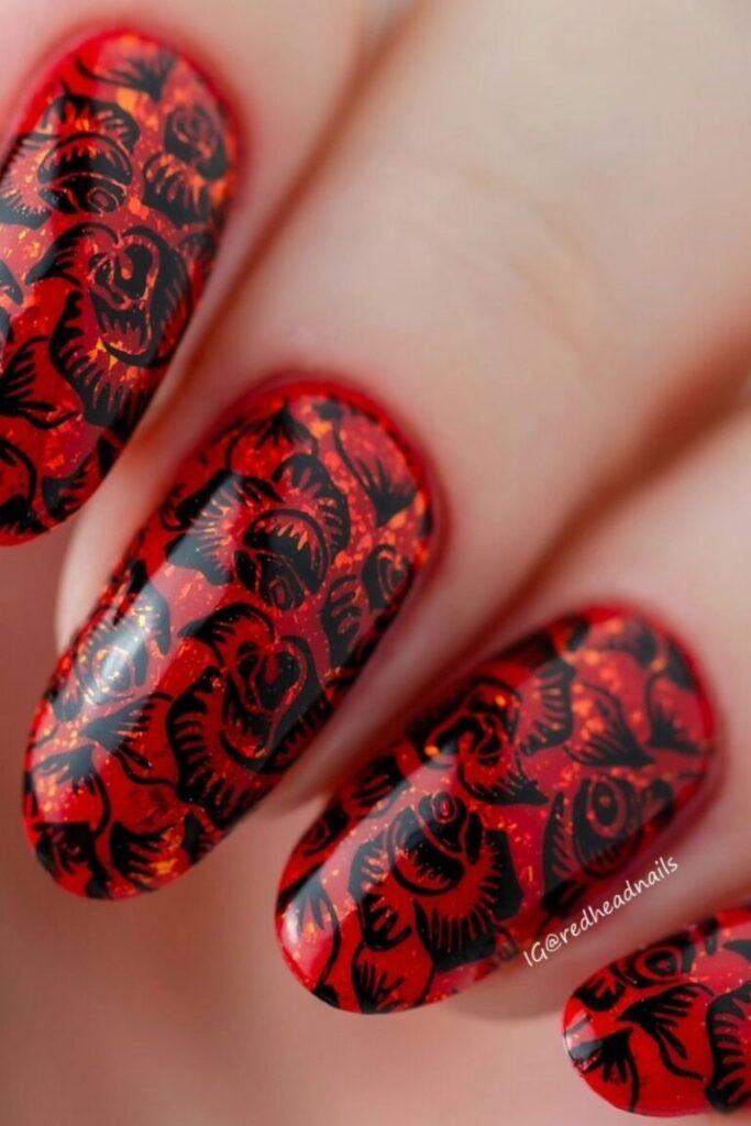 Fiery Red and Black Floral Nails