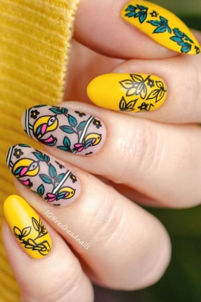 Floral Almond Yellow Nail Art