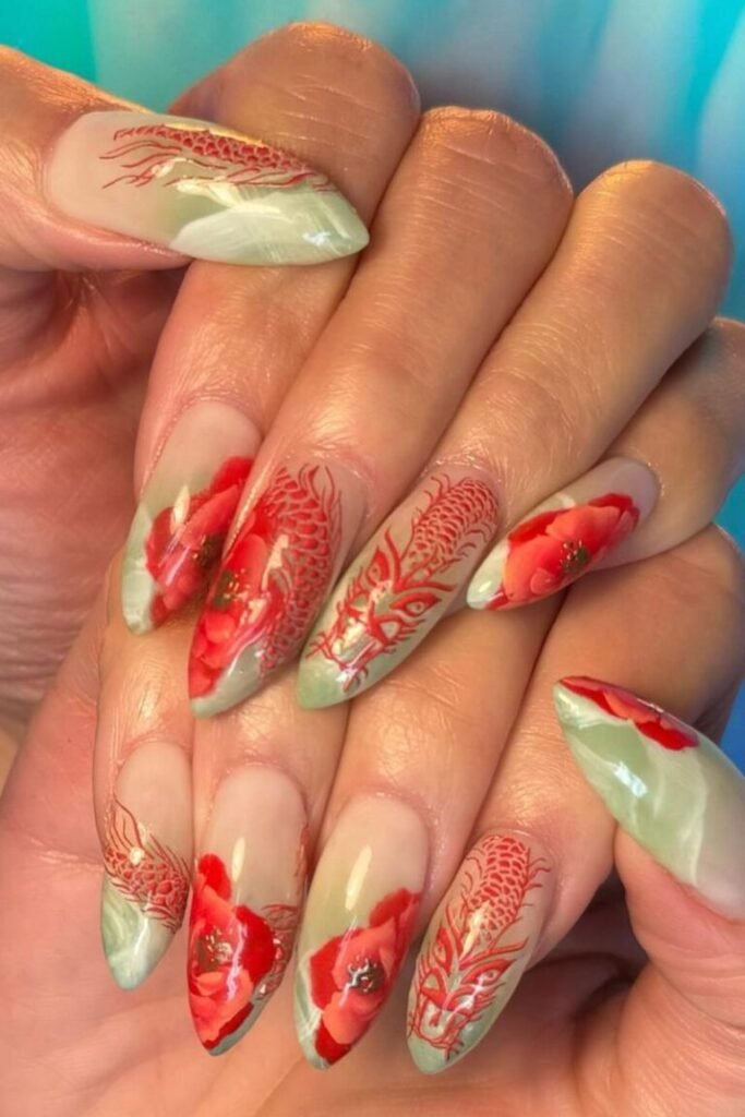 Floral Jade Green Nail Art
