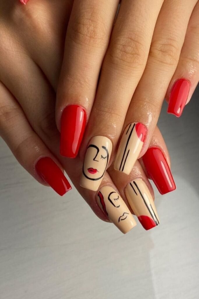 Geometric Artistry on Red Almond Nails