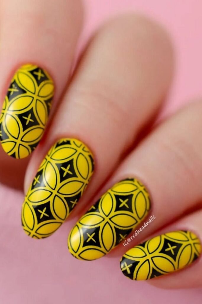 Geometric Patterns on Bright Yellow Nails