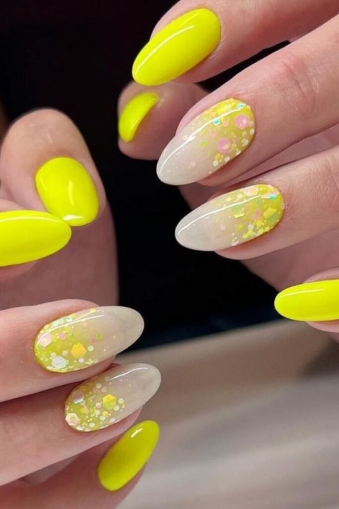 Glittery Confetti on Neon Yellow Nude Nails