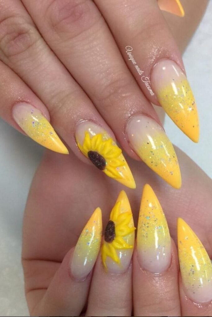 Glittery Sunflower Ombre Stiletto Nails