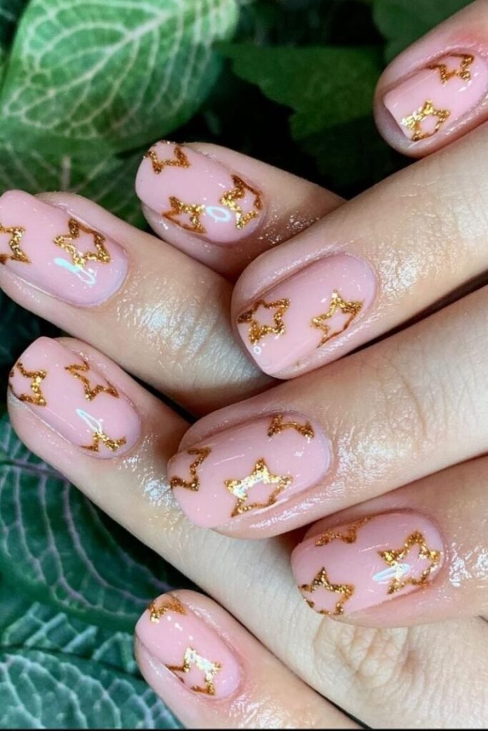 Gold Glitter Stars on Nude Base