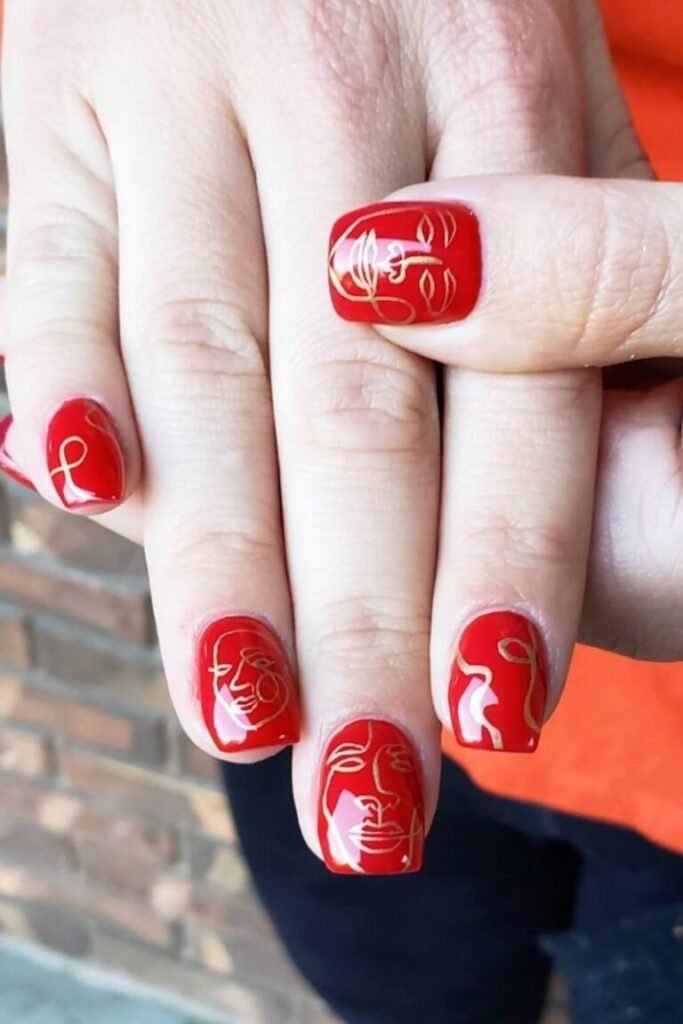 Golden Line Art Red Nails