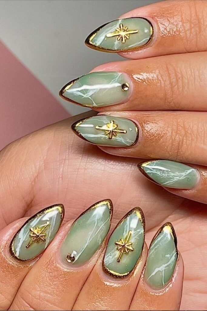 Golden Starburst Jade Green Nails
