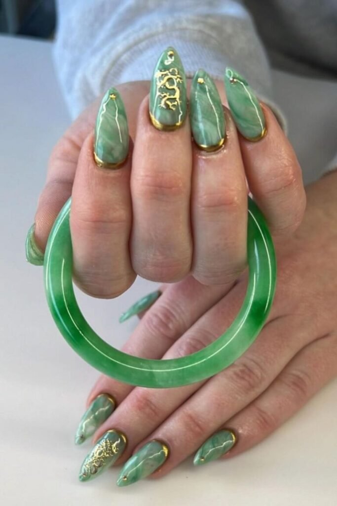 Jade and Gold Leaf Nails
