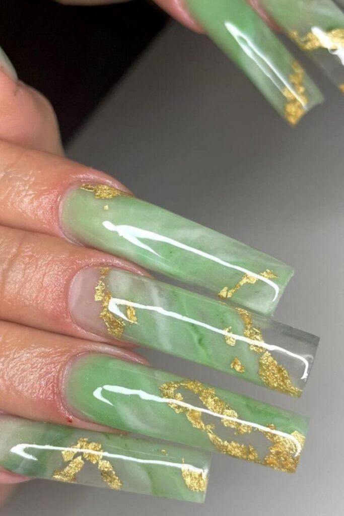 Long Jade Marble Nails with Gold Flecks