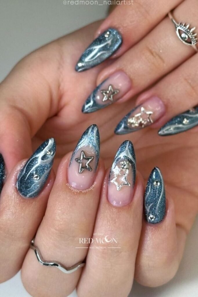 Metallic Blue Galaxy with Silver Star Nails