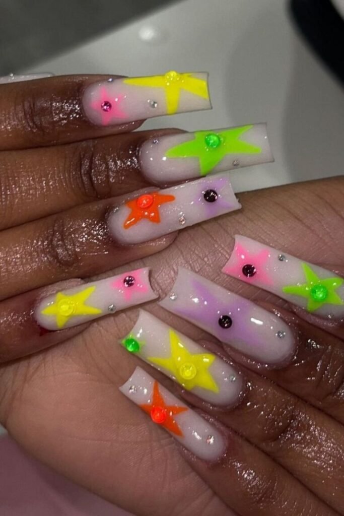 Multicolored Star Nails with Rhinestones