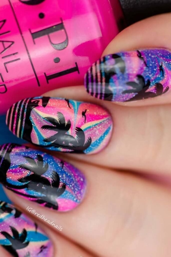 Neon Black Palm Tree Nails
