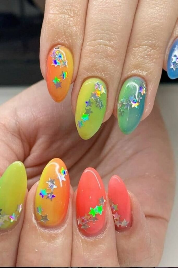 Neon Gradient with Holographic Star Nails