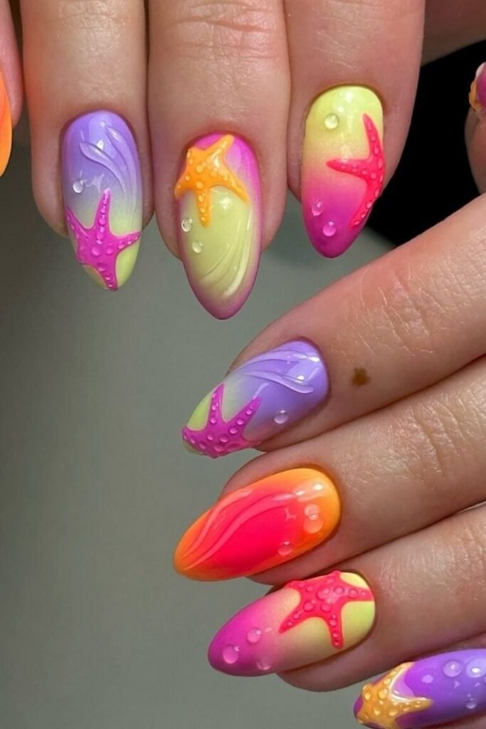 Neon Starfish Splash Nails