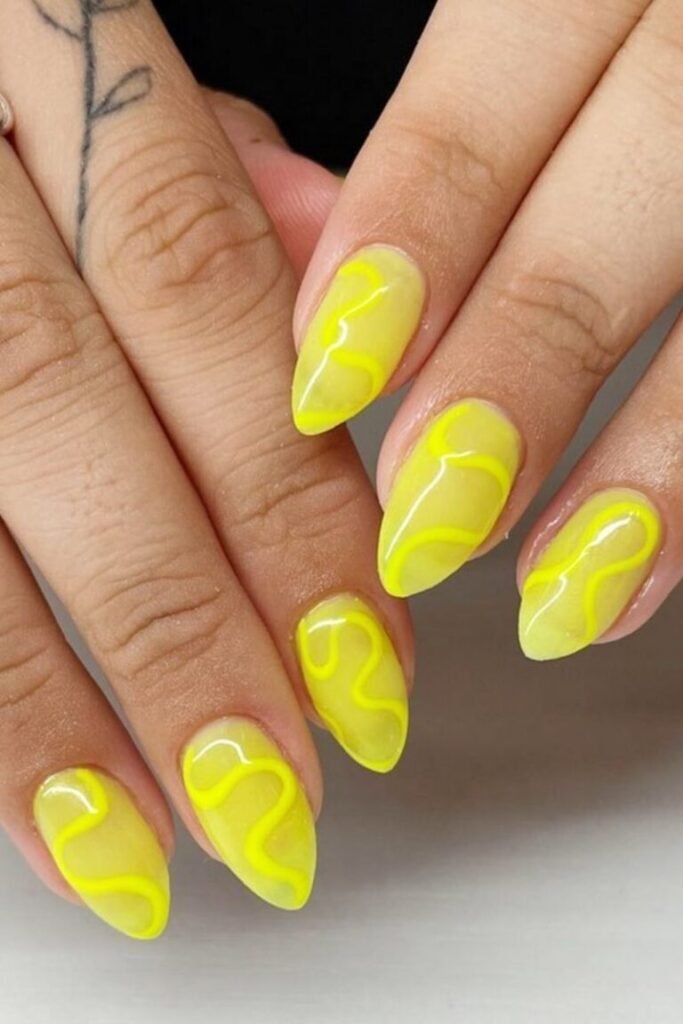 Neon Yellow Abstract Swirl Nails