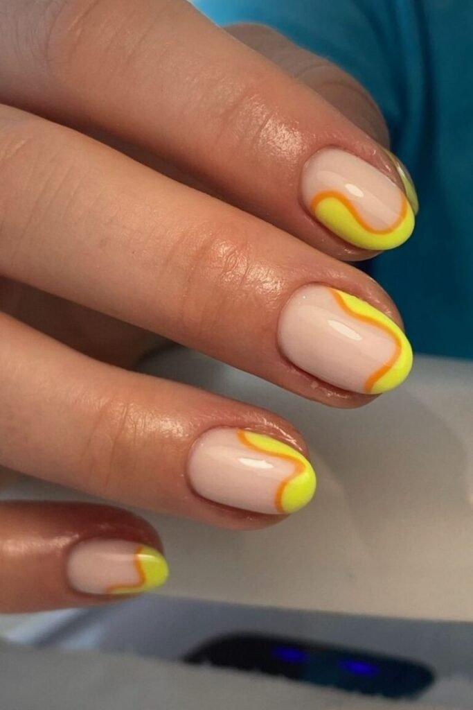 Neon Yellow Nails with Abstract Swirls