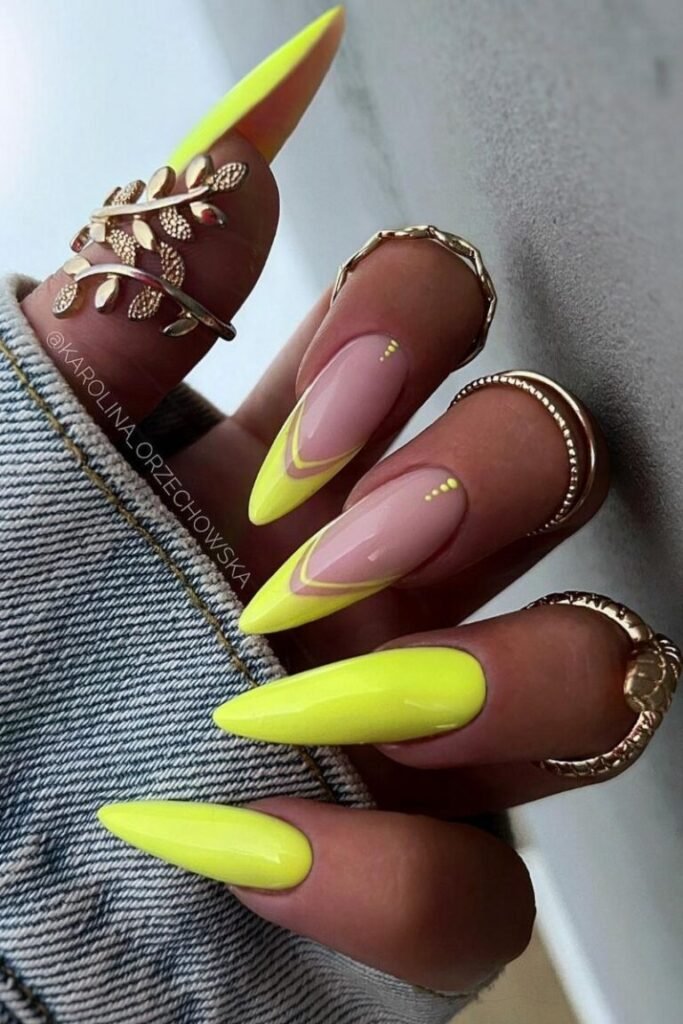 Neon Yellow Stiletto Minimalist Line Nails