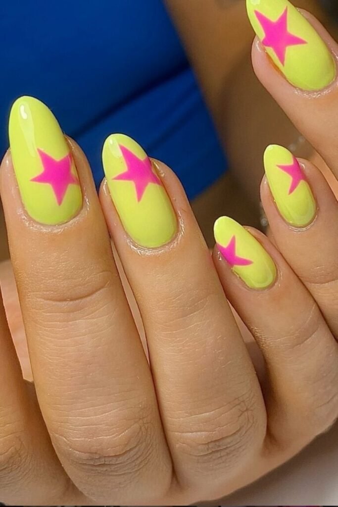 Neon Yellow and Pink Starburst Nails