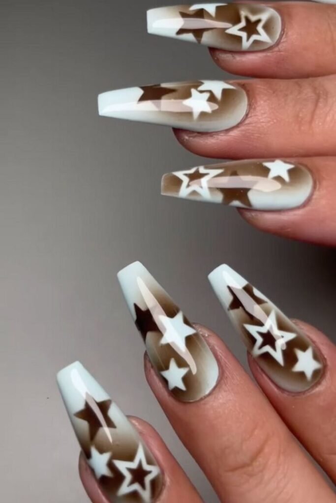 Ombre Brown and White Star Nail Design