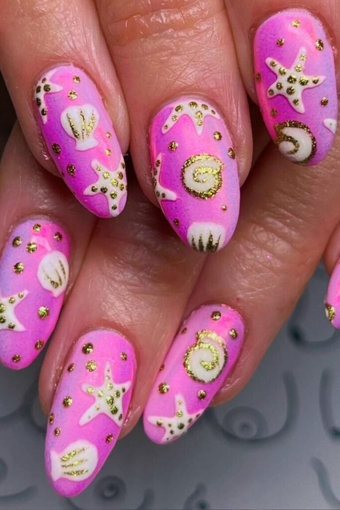 Pink and Gold Seashell Fantasy Nails
