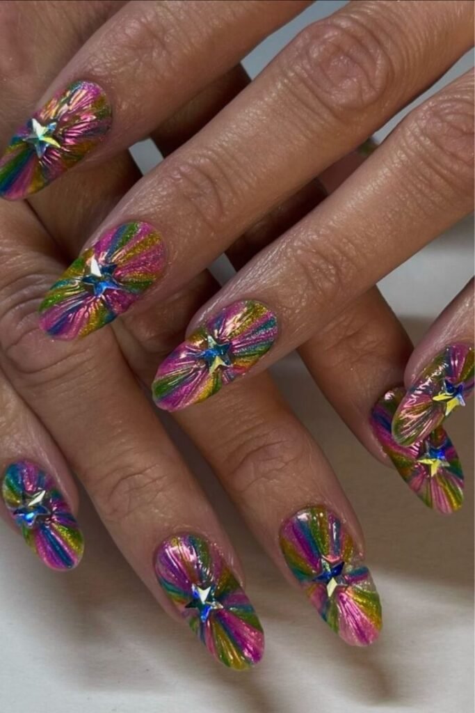Rainbow Explosion with 3D Star Nail Accents