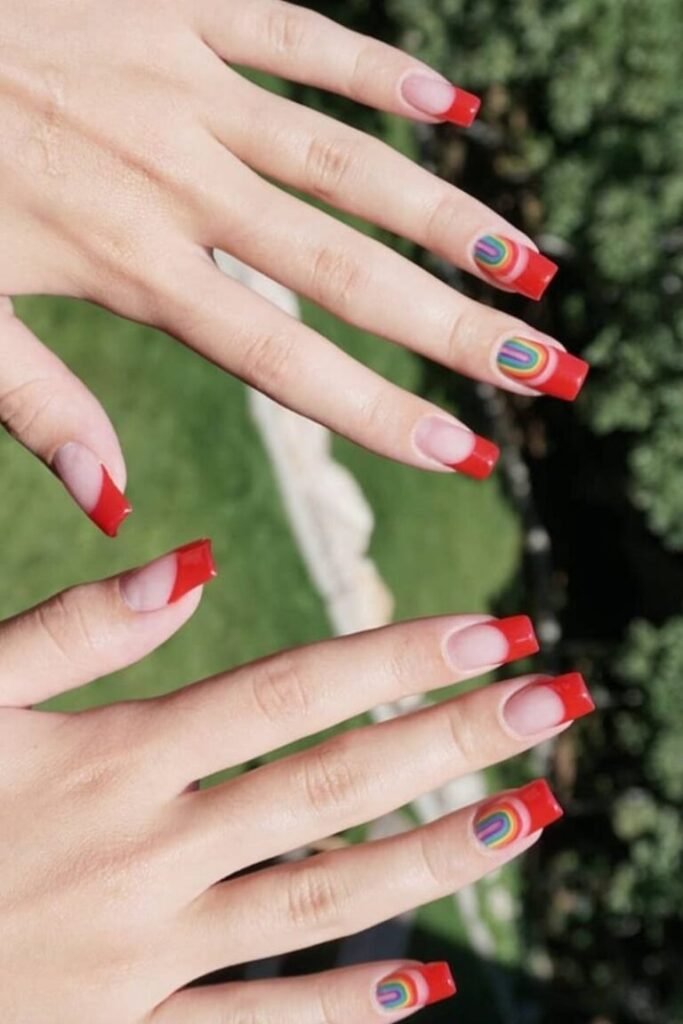 Rainbow Tipped Red French Nails