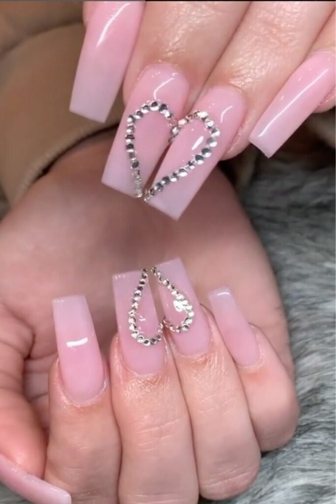 Rhinestone Heart Accent Bubble Bath Nails