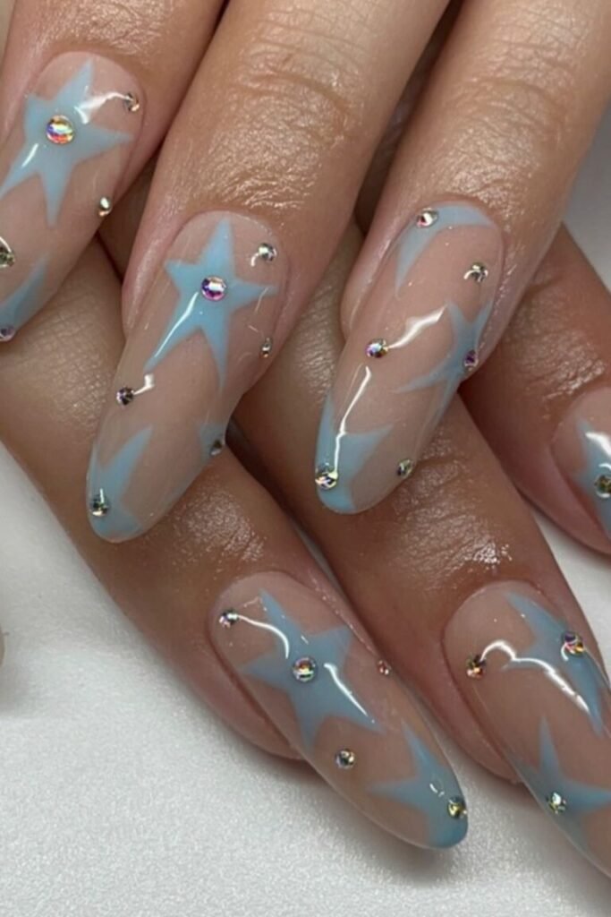 Soft Blue Stars with Rhinestone Accent Nails