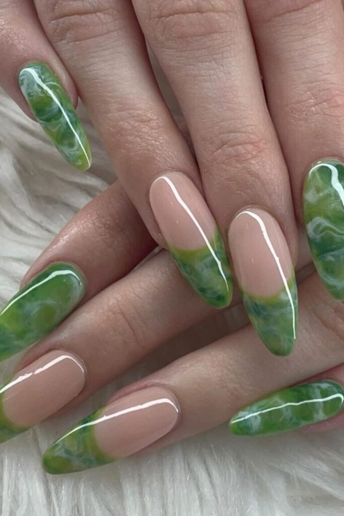 Subtle Green Nails with Marble Tips