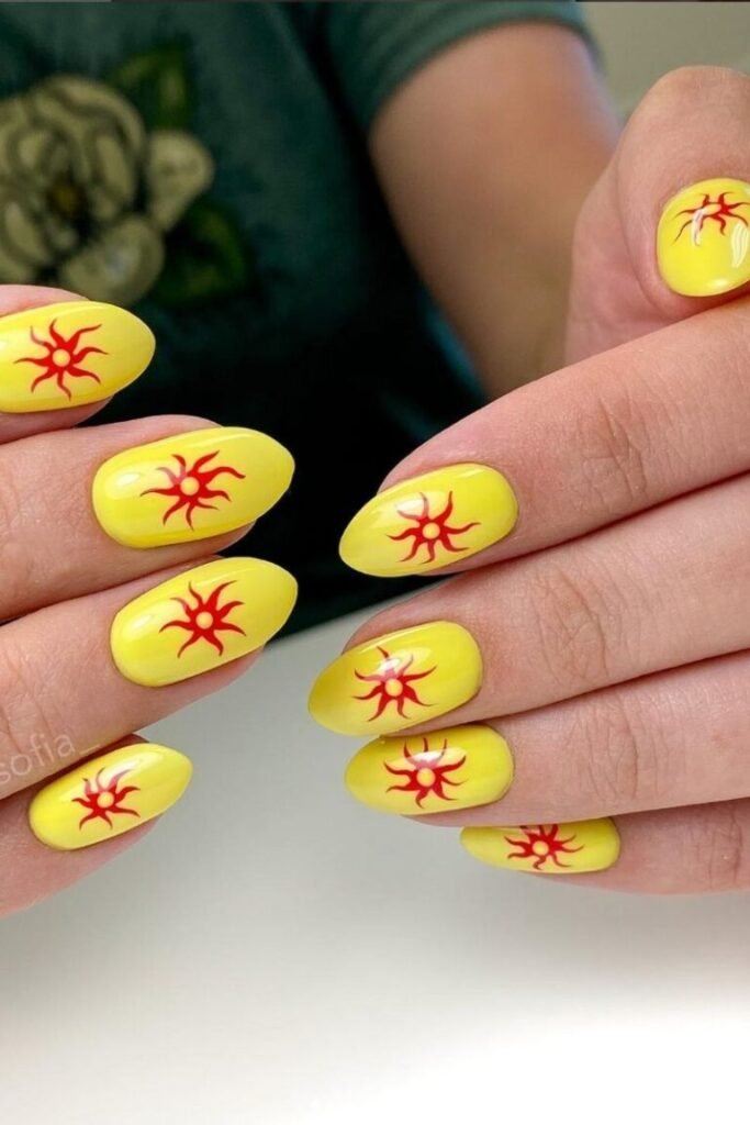 Sunburst Red and Yellow Nail Art