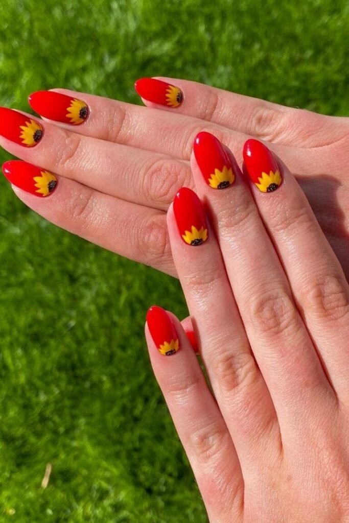Sunflower Accent Red Nails