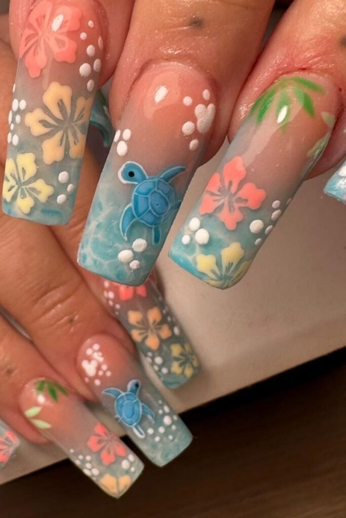 Turtle Themed Hawaii Nails