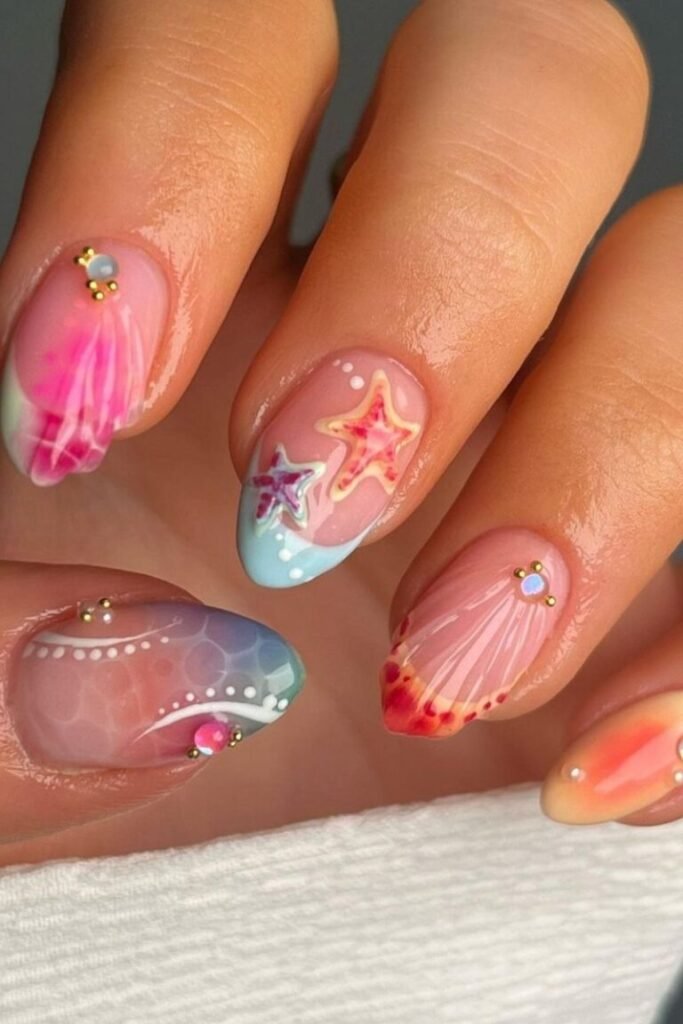 Vibrant Coral Reef Fingertip Nails