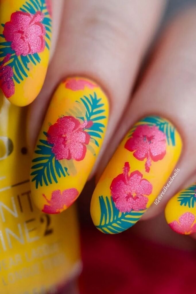 Yellow Hibiscus Almond Nails