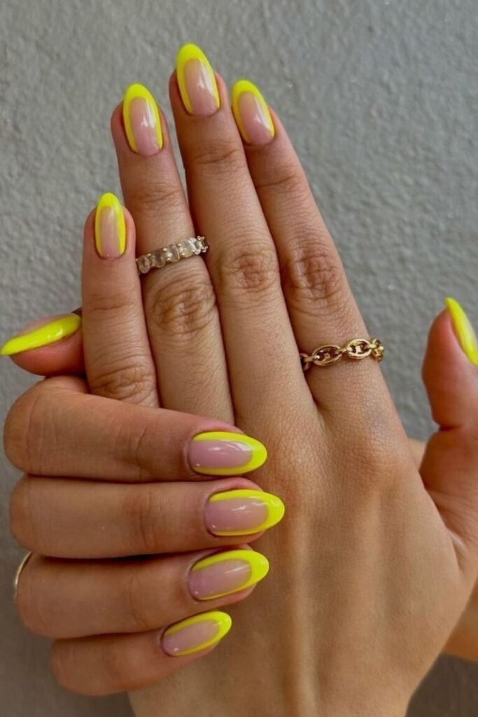 Yellow Outline French Almond Nail Tips