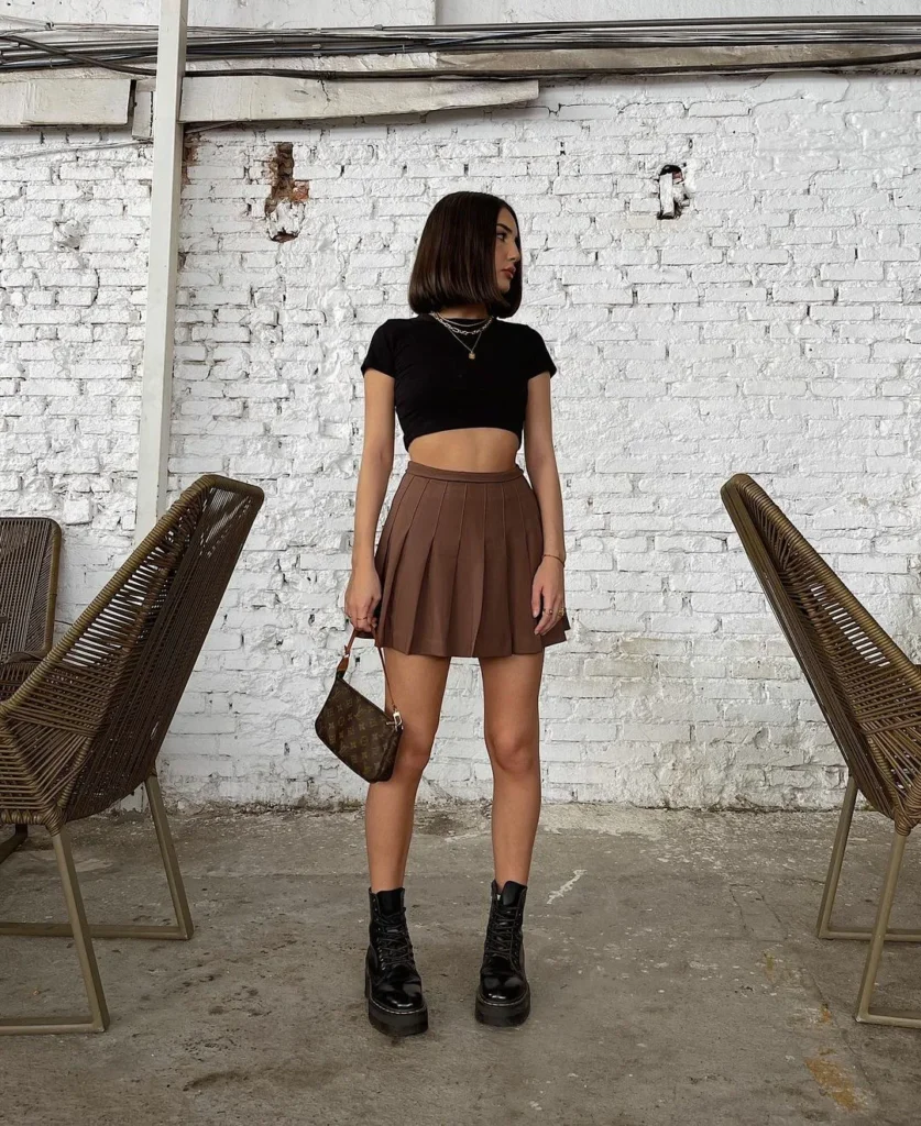 Black Crop Top Flared Mini Skirt