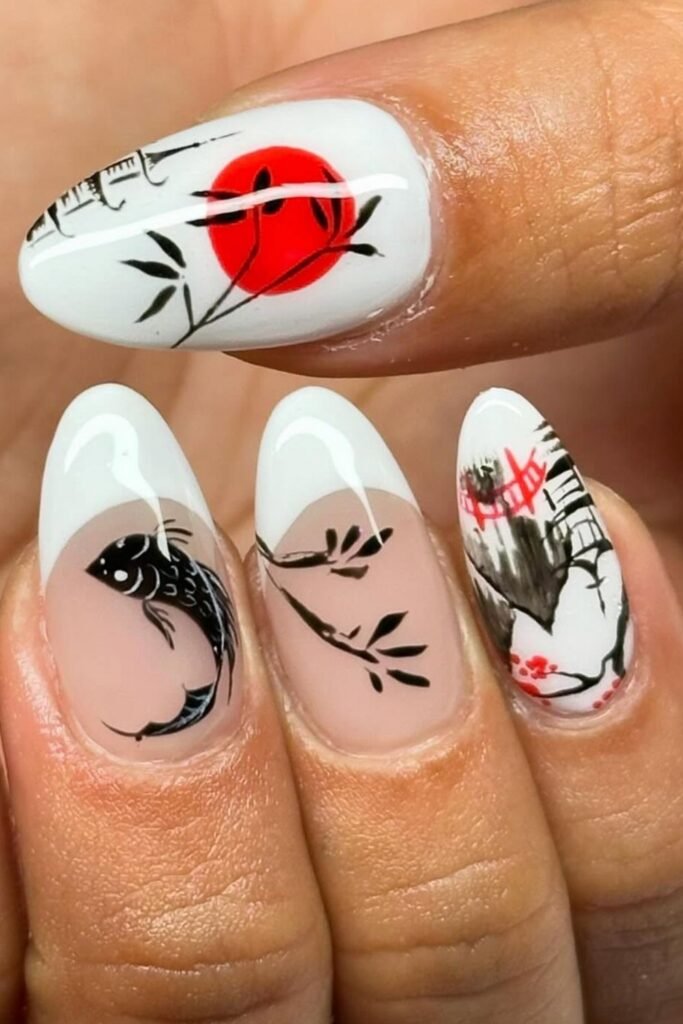 Black Koi Ink Brush Art Nails