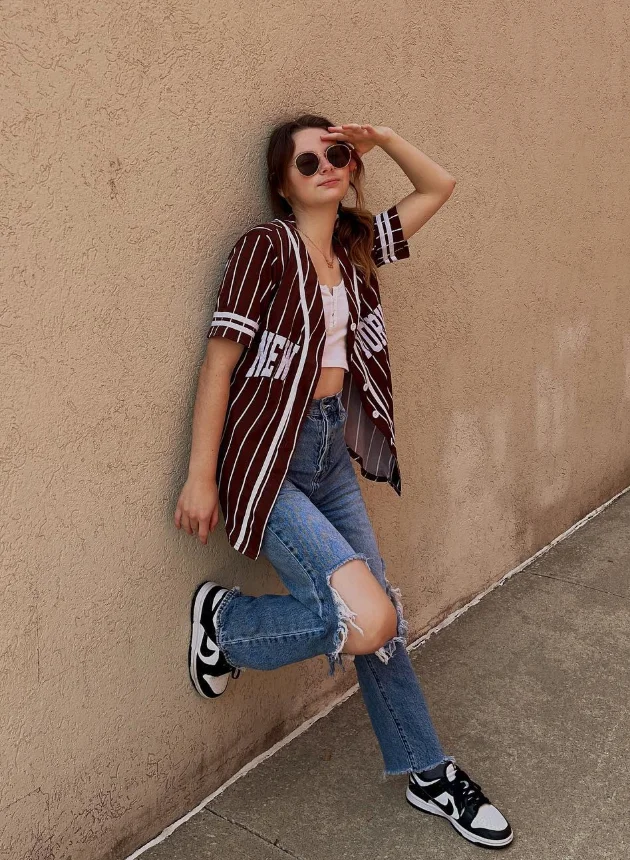 Burgundy Striped Shirt Distressed Jeans