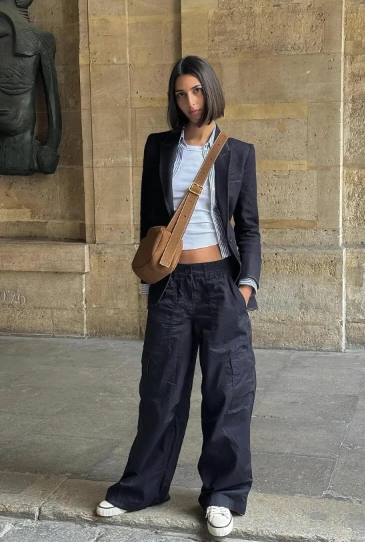 Casual Blazer Cropped Tank Top Cargo Pants White Sneakers Brown Crossbody Bag