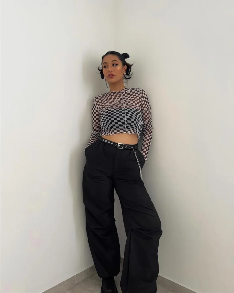 Checkered Mesh Crop Top Cargo Pants